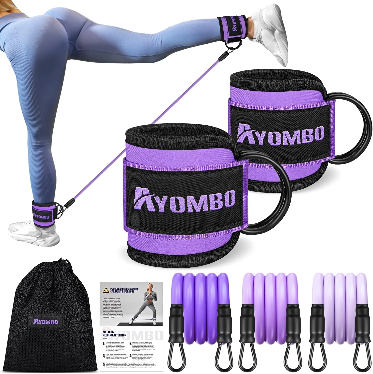 AYOMBO ankle resistance bands with cuffs for glute workouts and leg exercises at home.