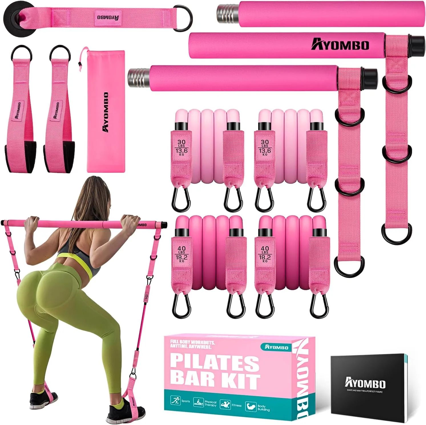 AYOMBO 3-section pilates bar kit with adjustable resistance bands for home squats and full-body workouts.