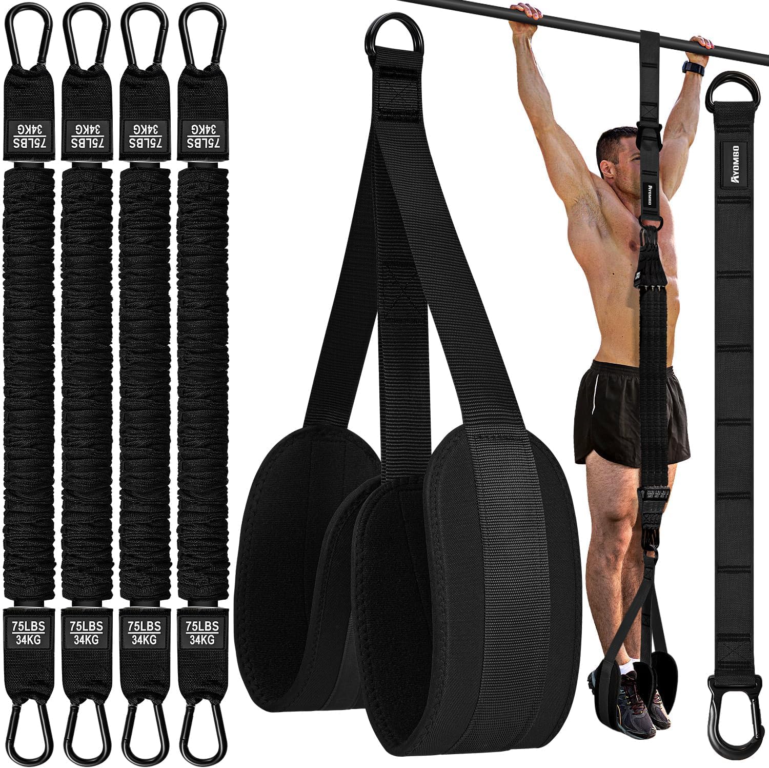 AYOMBO adjustable pull up assistance bands with 4 heavy-duty resistance tubes for home gym strength training.